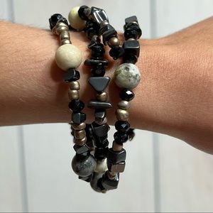 Black, Silver Coil Beaded Bracelet Round Square Triangle Beads